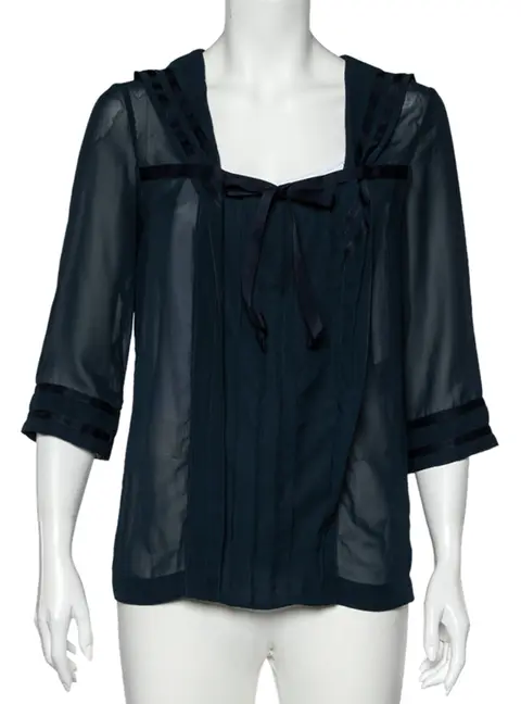 See by Chloe Midnight Blue Crepe Pleated Sailor Collar Blouse XL
