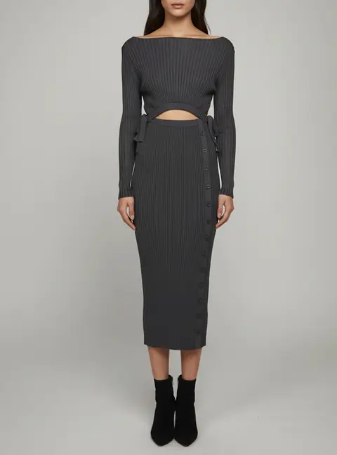 Self-Portrait Slate Rib Knit Cut-Out Bodycon Midi Dress S
