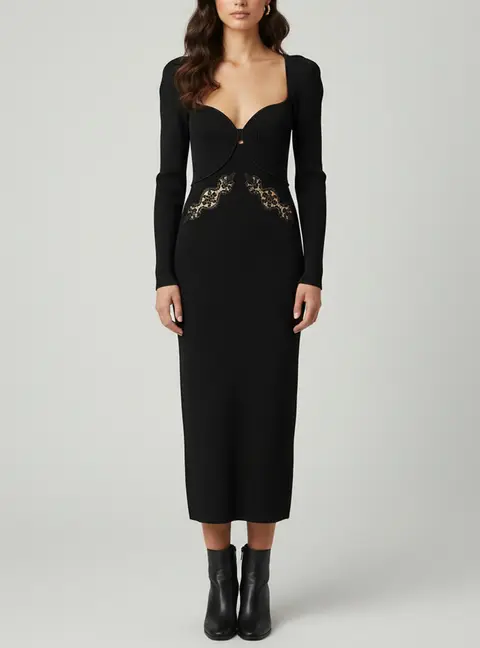 Self-Portrait Black Lace Applique Rib Knit Maxi Dress XL