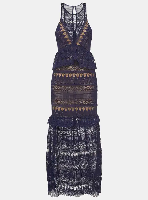 Self-Portrait Navy Blue Teardrop Guipure Lace Paneled Maxi Dress M