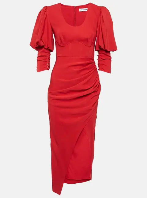 Self-Portrait Red Stretch Crepe Ruched Midi Dress S