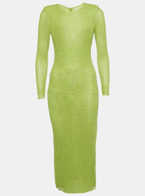 Self-Portrait Green Studded Mesh Long Sleeve Midi Dress S
