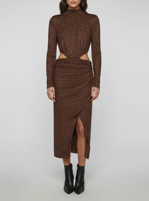Self-Portrait Brown Embellished Jersey Cut-Out Hot Fix Midi Dress M