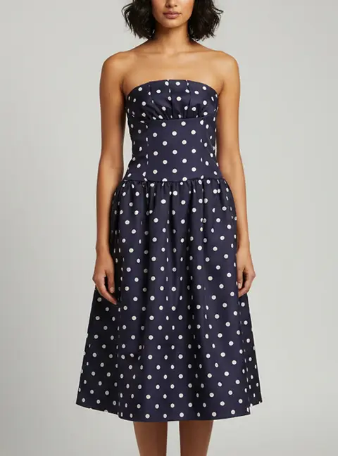 Self-Portrait Navy Blue Polka Dot Print Satin Bandeau Midi Dress S