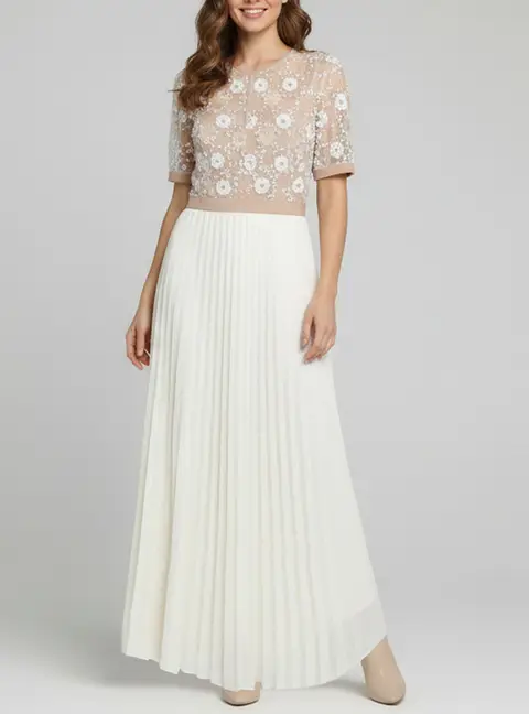 Self-Portrait White/Beige Flower Sequin Pleated Maxi Dress M