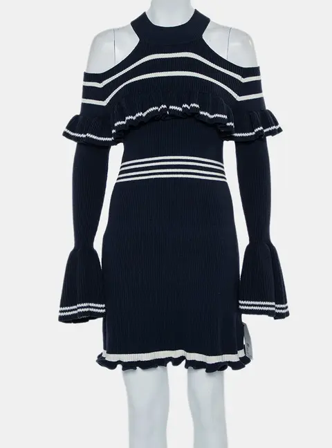 Self-Portrait Navy Blue Rib Knit Ruffled Cold Shoulder Dress M