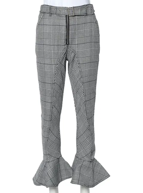 Self Portrait Monochrome Checkered Ruffled Hem Belted Cropped Pants S