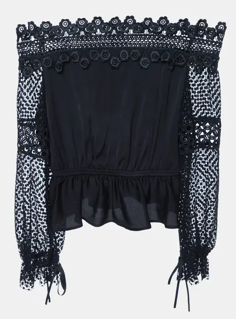 Self-Portrait Black Crepe & Lace Off-Shoulder Top S