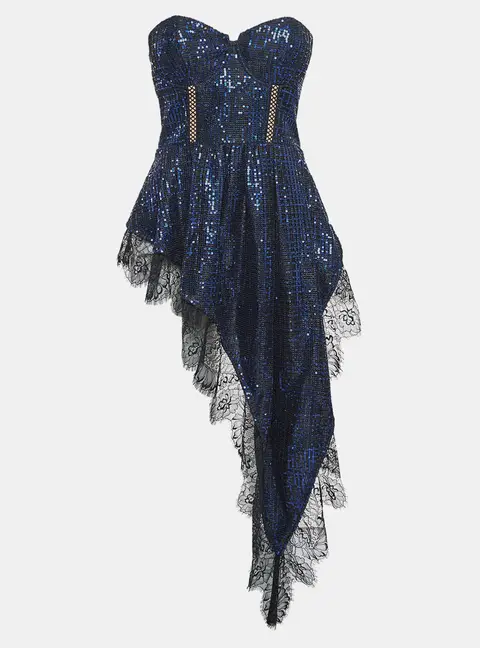 Self-Portrait Blue/Black Crepe Sequin Lace Trim Top S