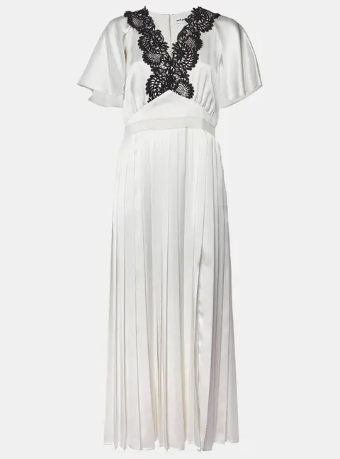 Self-Portrait White Lace Trim Satin Pleated Maxi Dress M