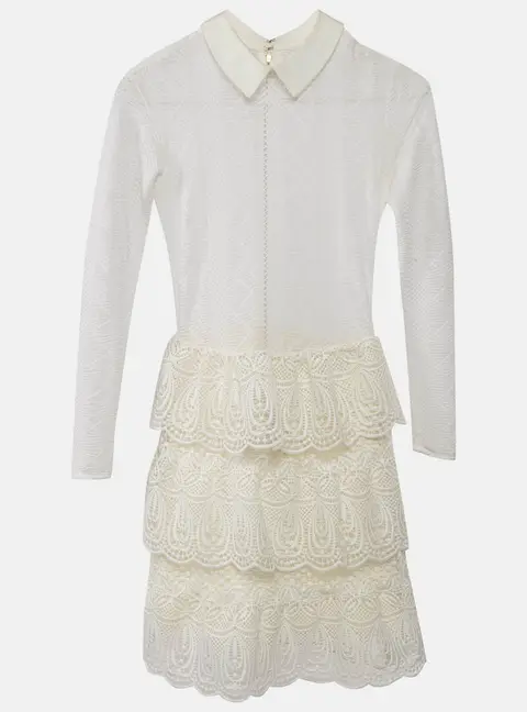 Self-Portrait White Lace Ruffled Full Sleeve Mini Dress S