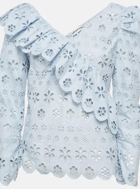 Self-Portrait Blue Schiffli Lace Ruffled Broderie Anglaise Top M