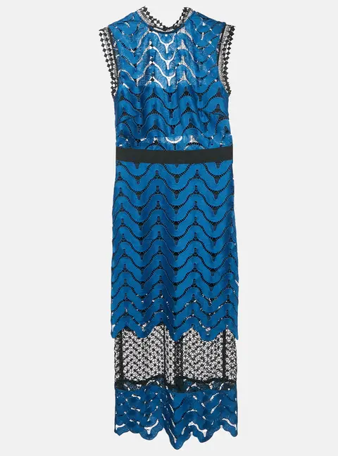Self-Portrait Blue/Black Guipure Lace Paneled Midi Dress S