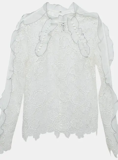 Self-Portrait White Floral Guipure Lace Ruffled Full Sleeve Top M