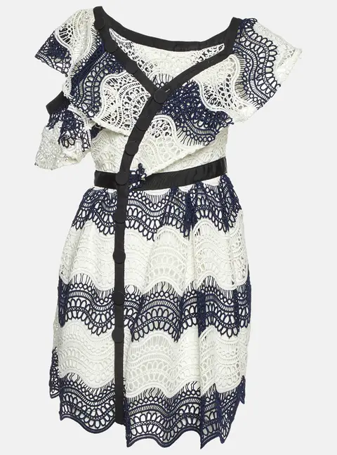 Self-Portrait Navy Blue Wavy Guipure Lace Mini Dress S