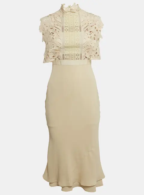 Self-Portrait Beige Lace Trim Crepe Midi Dress S