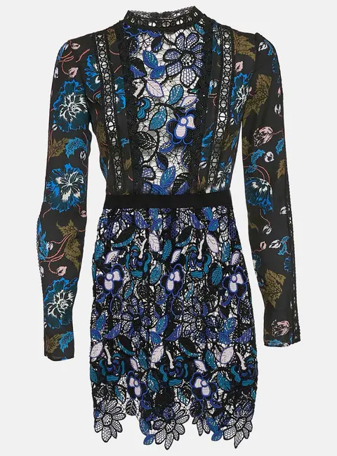 Self-Portrait Blue/Black Floral Print chiffon and Lace Short Dress S