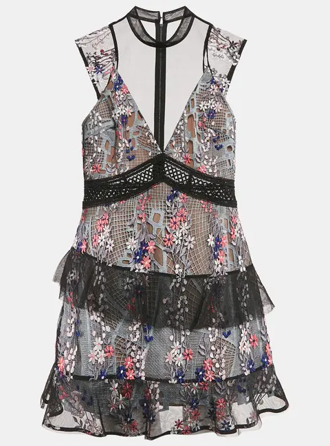 Self-Portrait Black Floral Embroidered Tulle Tiered Mini Dress M