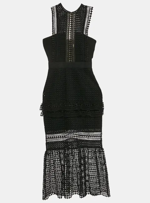 Self-Portrait Black Guipure Lace Tiered Midi Dress XS