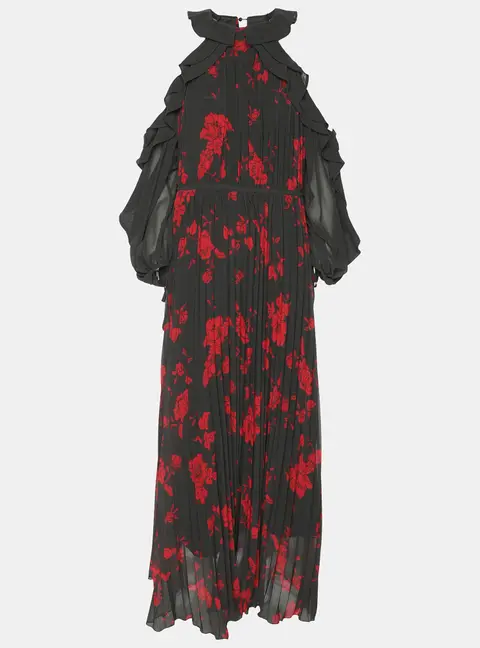 Self-Portrait Red/Khaki Rose Print Polyester Maxi Dress S