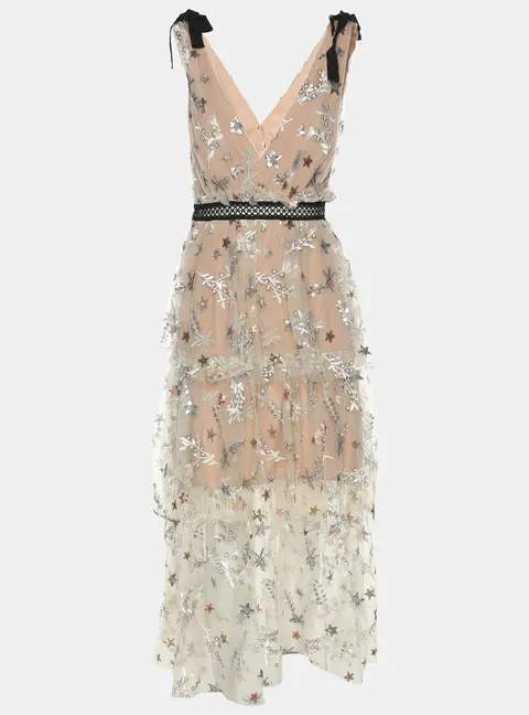 Self-Portrait Beige Mesh Star Midi Dress S