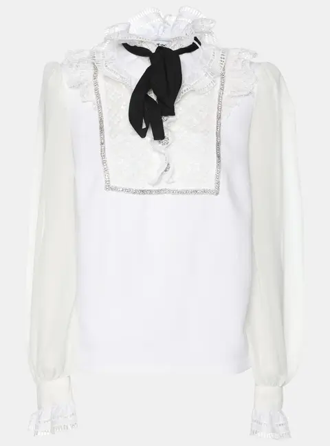Self-Portrait White Stretch Crepe Tie Neck Top XS