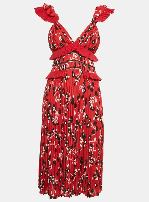 Self-Portrait Red Floral Print Plisse Ruffled Midi Dress S