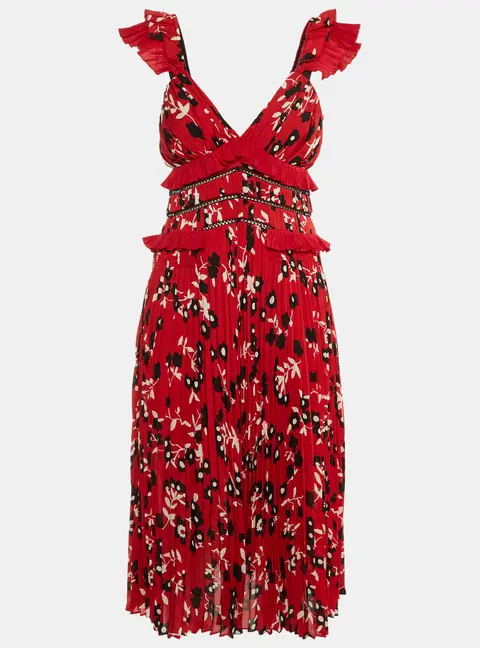 Self-Portrait Red Floral Print Crepe Ruffled Midi Dress S