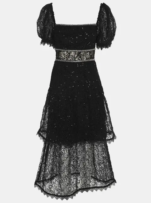 Self Portrait Black Sequin Circle Lace Midi Dress M