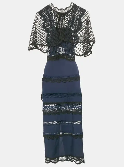 Self-Portrait Navy Blue Bellis Lace & Crepe Cape Sleeved Maxi Dress S