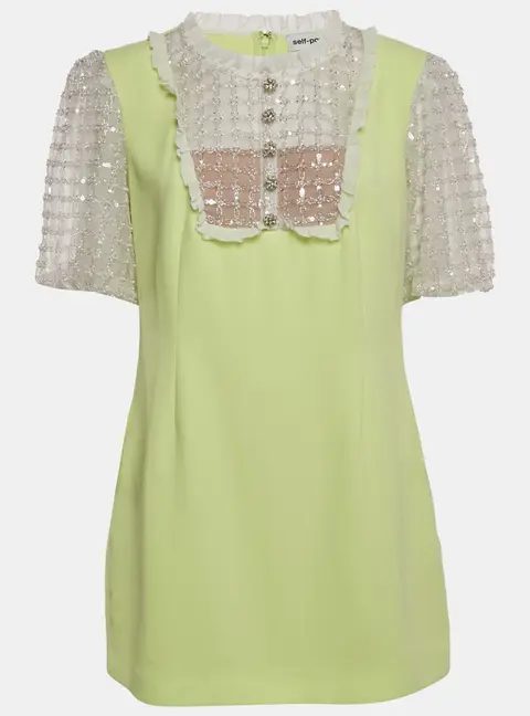 Self-Portrait Lime Green Embellished Tulle Crepe Mini Dress L