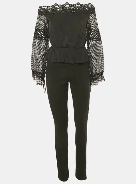 Self-Portrait Black Lace Trim Crepe Jumpsuit S