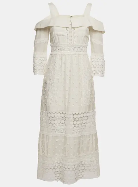 Self-Portrait White Lace Insert Cotton Midi Dress Dress M