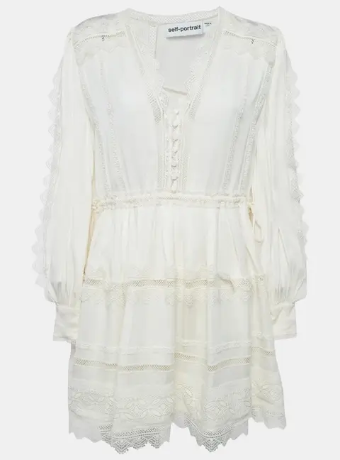 Self-Portrait Cream Crepe Lace Trimmed Mini Dress M