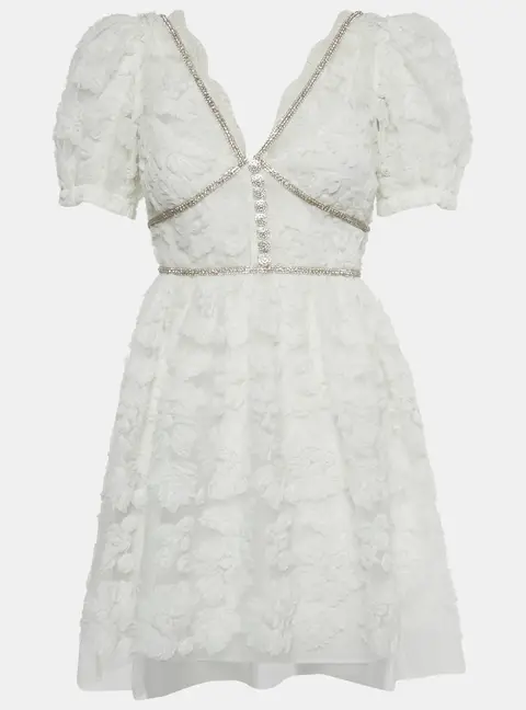 Self-Portrait White Crystal Embellished Ribbon Lace Mini Dress XS