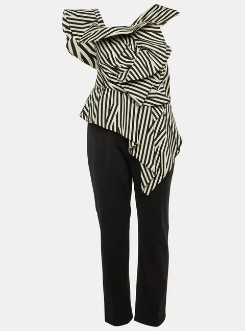 Self-Portrait Black/White Crepe Asymmetrical Striped Ruffle Jumpsuit M