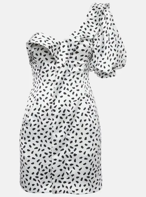 Self-Portrait White Dotted Satin One Shoulder Mini Dress S