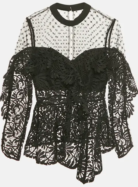 Self-Portrait Black Beaded Tulle and Lace Top XS