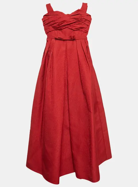 Self-Portrait Red Textured Jacquard Off-Shoulder Midi Dress S