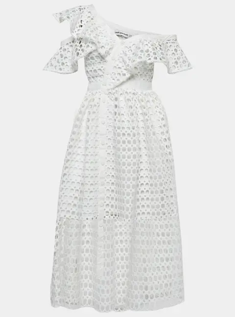 Self-Portrait White Guipure Lace One Shoulder Midi Dress S