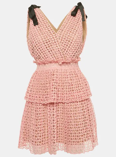 Self-Portrait Light Orange Guipure Lace Bow-Detail Tiered Dress S