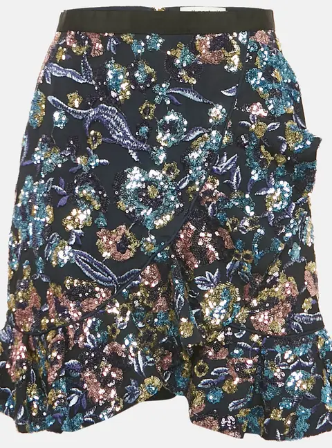 Self-Portrait Blue Floral Sequin & Mesh Mini Skirt M