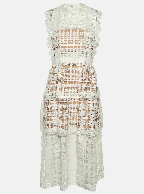Self-Portrait White Floral Lattice Lace Sleeveless Midi Dress M
