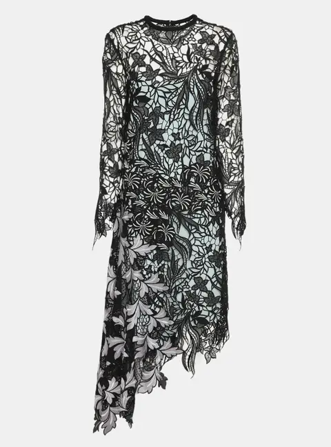 Self-Portrait Black Asymmetric Hem Vine Lace Midi Dress M