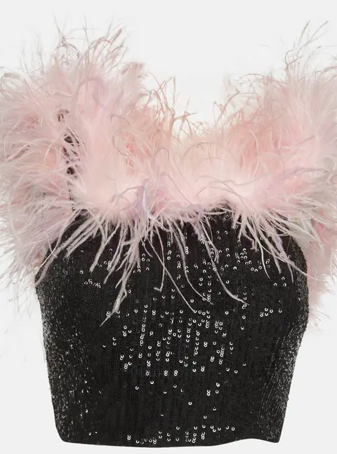 Self-Portrait Black Sequin Feather Off shoulder Crop Top S