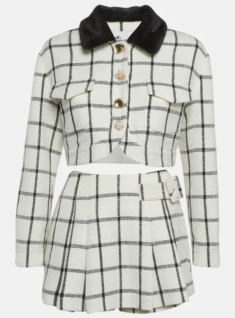 Self-Portrait Off-White Check Tweed Fur Boxy Jacket and Skorts Suit S