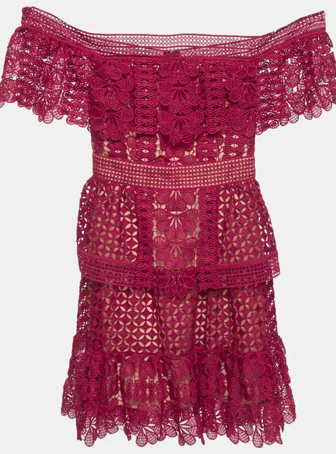 Self-Portrait Burgundy Guipure Lace Off Shoulder Mini Dress S