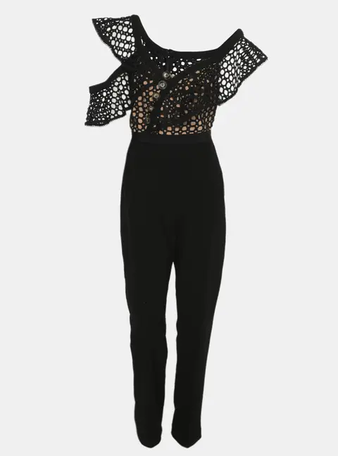 Self-Portrait Black Crepe and Lace Frill Asymmetric Jumpsuit L