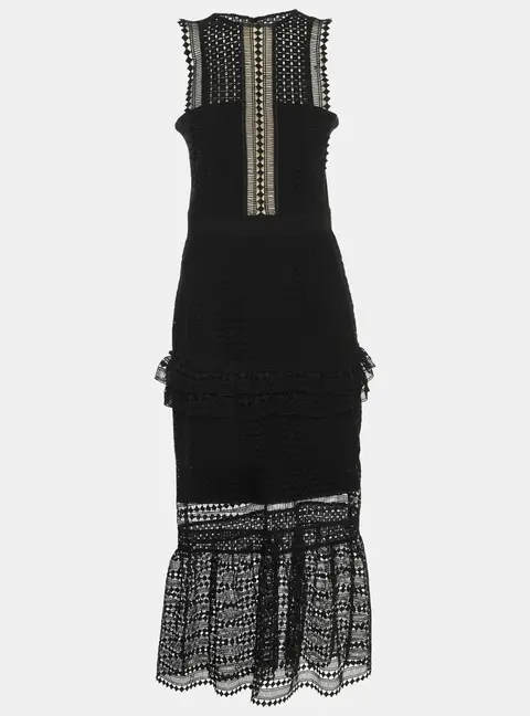 Self-Portrait Black Guipure Lace Tiered Midi Dress S