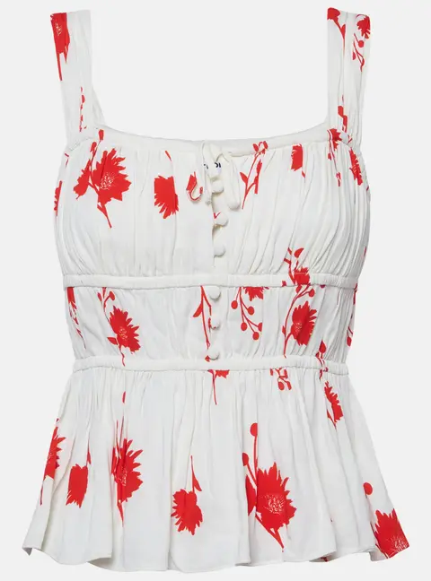 Self-Portrait Off-White/Red Floral Print Stretch Crepe Wild Daisy Top S
